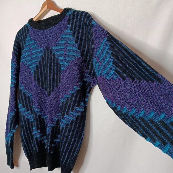 Vintage 90s Nuovo New Forces Large Sweater 3D Look Blue Black Purple Geometric - Picture 4 of 13